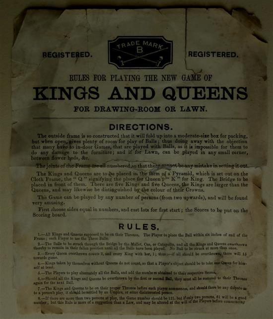 A Rules leaflet for THE NEW GAME OF KINGS AND QUEENS. For the Drawing Room or Lawn, late 19th Century